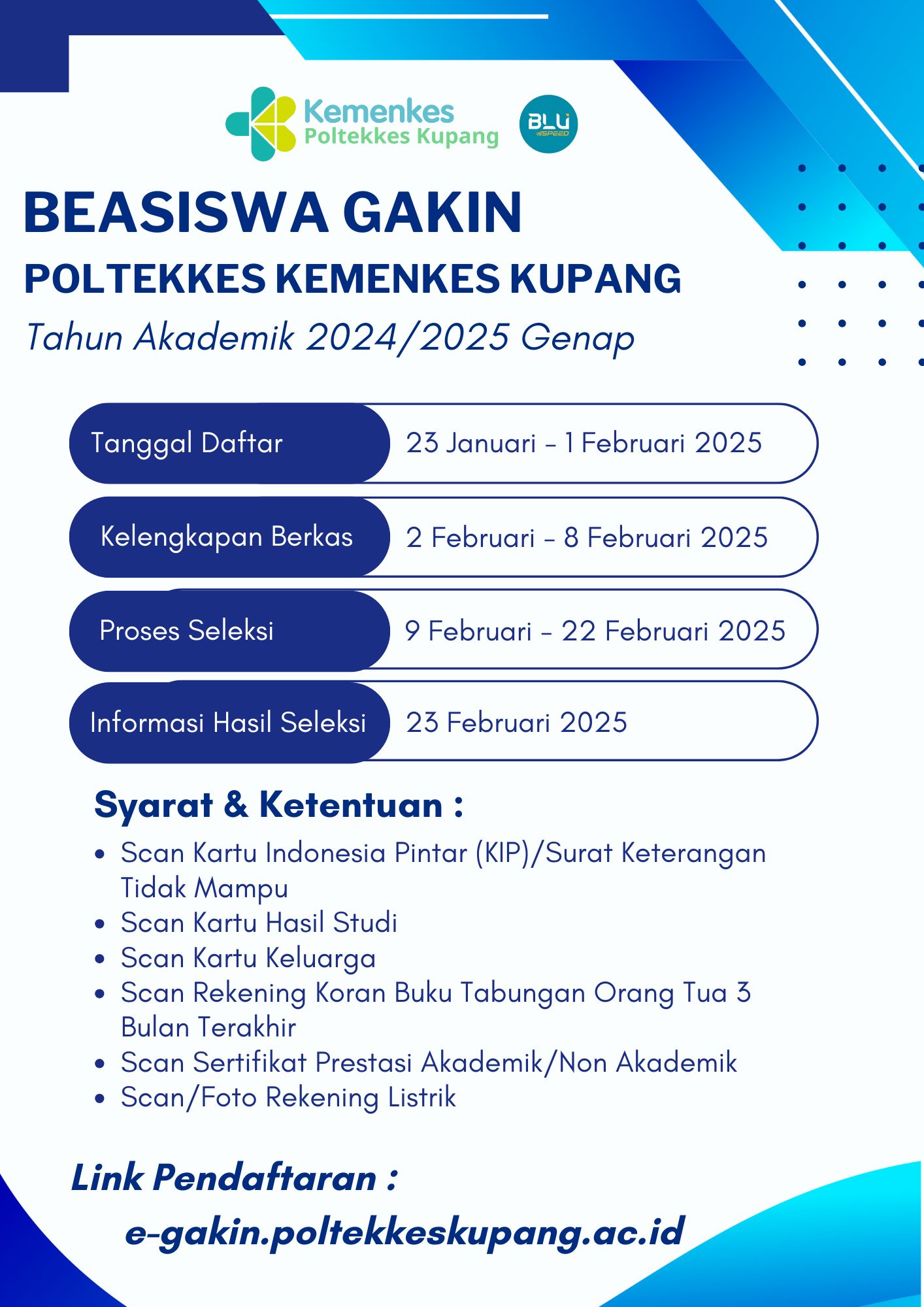 Seleksi Penerimaan Beasiswa Gakin Poltekkes Kemenkes Kupang Tahun Akademik 2024/2025 Genap
